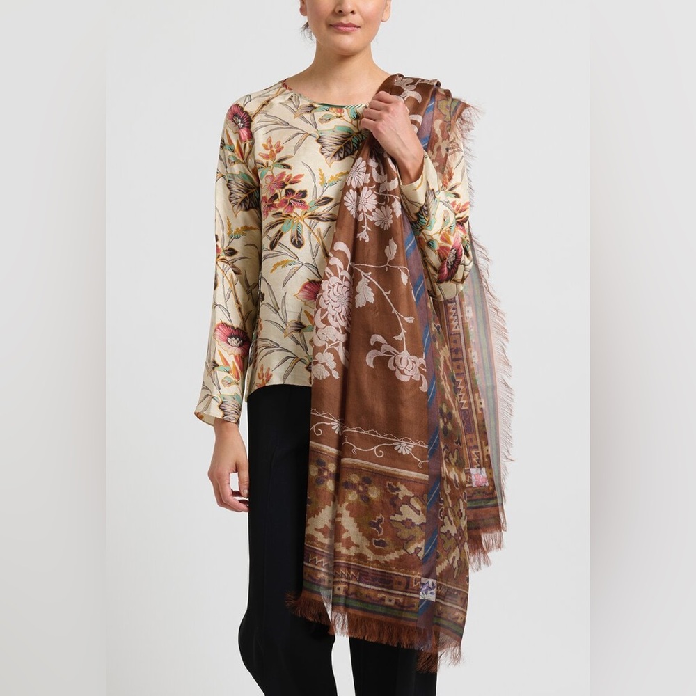 Brown Floral Pattern Lightweight Wrap Scarf